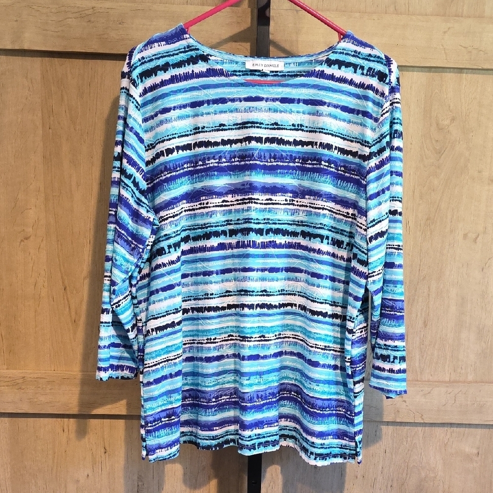 (J57) Aqua and Navy Striped Women's Blouse Sz XL